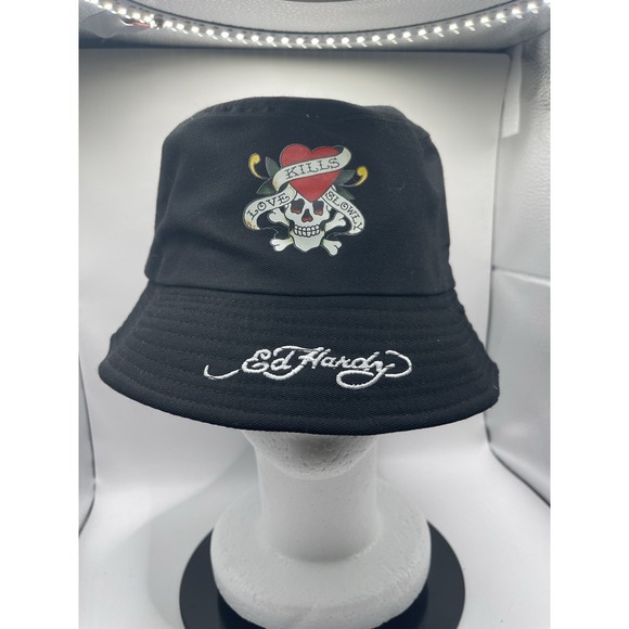 Ed Hardy Accessories - Ed‎ Hardy Loves Kills Slowly Logo Adjustable Bucket Hat Unisex New